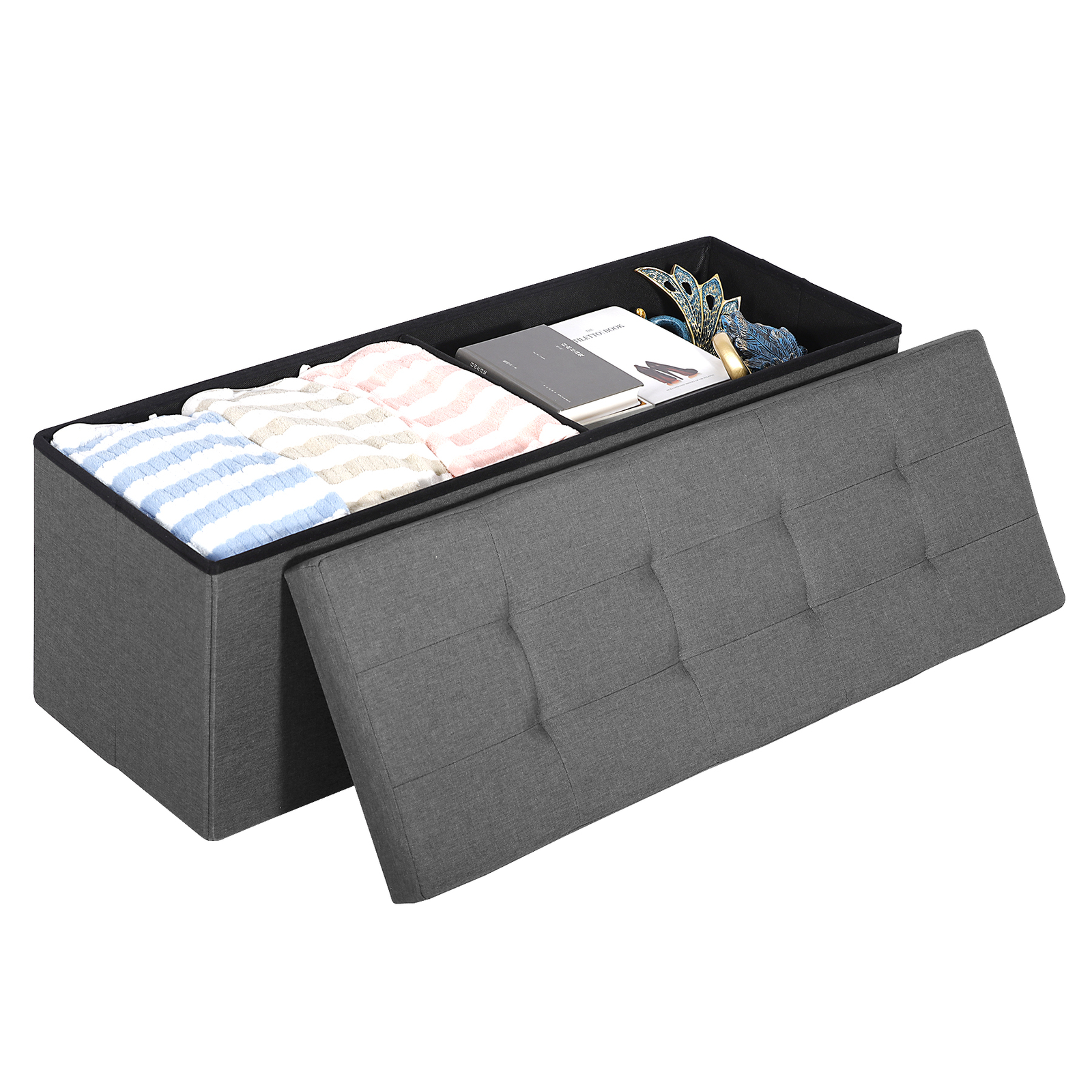 43" Folding Fabric Ottoman Storage Bench Toy Chest Box Footrest Stool Light Grey