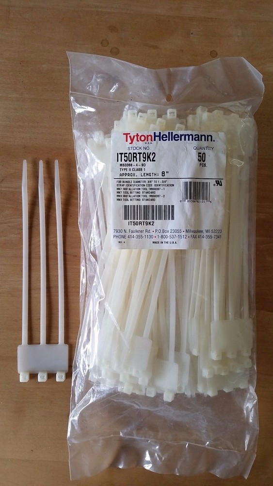 8" x3 Identification Labeling Cable Zip Ties, Tyton Hellermann IT50RT9K2 -pkg 50