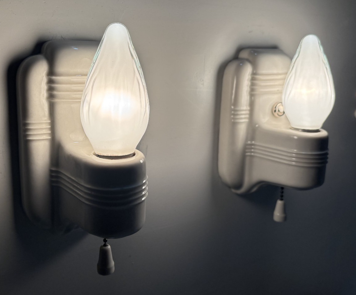 Vtg Porcelain Sconce Light Pair Paulding Ceramic Wall Fixture Art Deco USA #L59