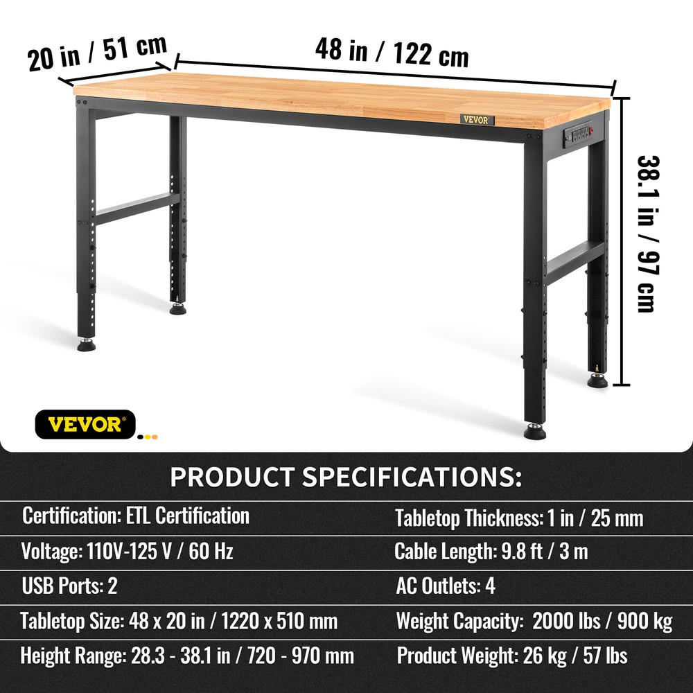 Adjustable Height Workbench 48"L x 20"W Work Bench Table w/ Power Outlets