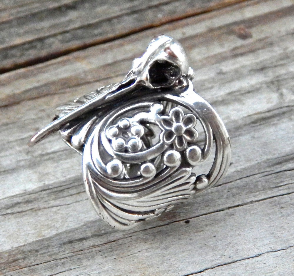 HUMMINGBIRD SKULL RING - Sterling Silver - ADJUSTABLE - Handmade