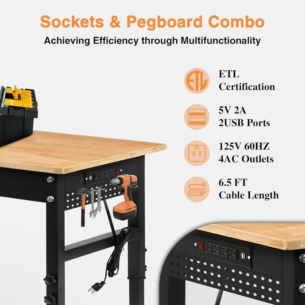 70" Adjustable Workbench on Wheels, 2000 LBS Heavy Duty Work Table with Power Ou