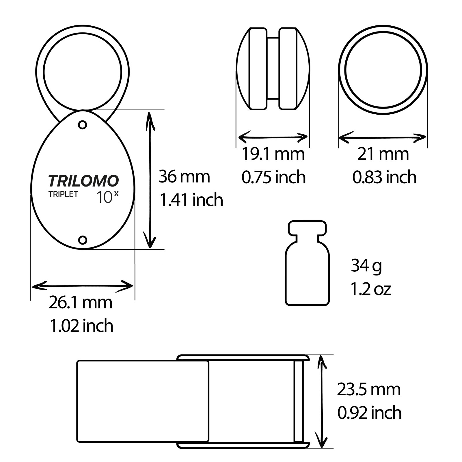 TRILOMO (ex BelOMO) 10x Triplet Loupe Magnifier. Black Egg. 21mm (.85"). USA