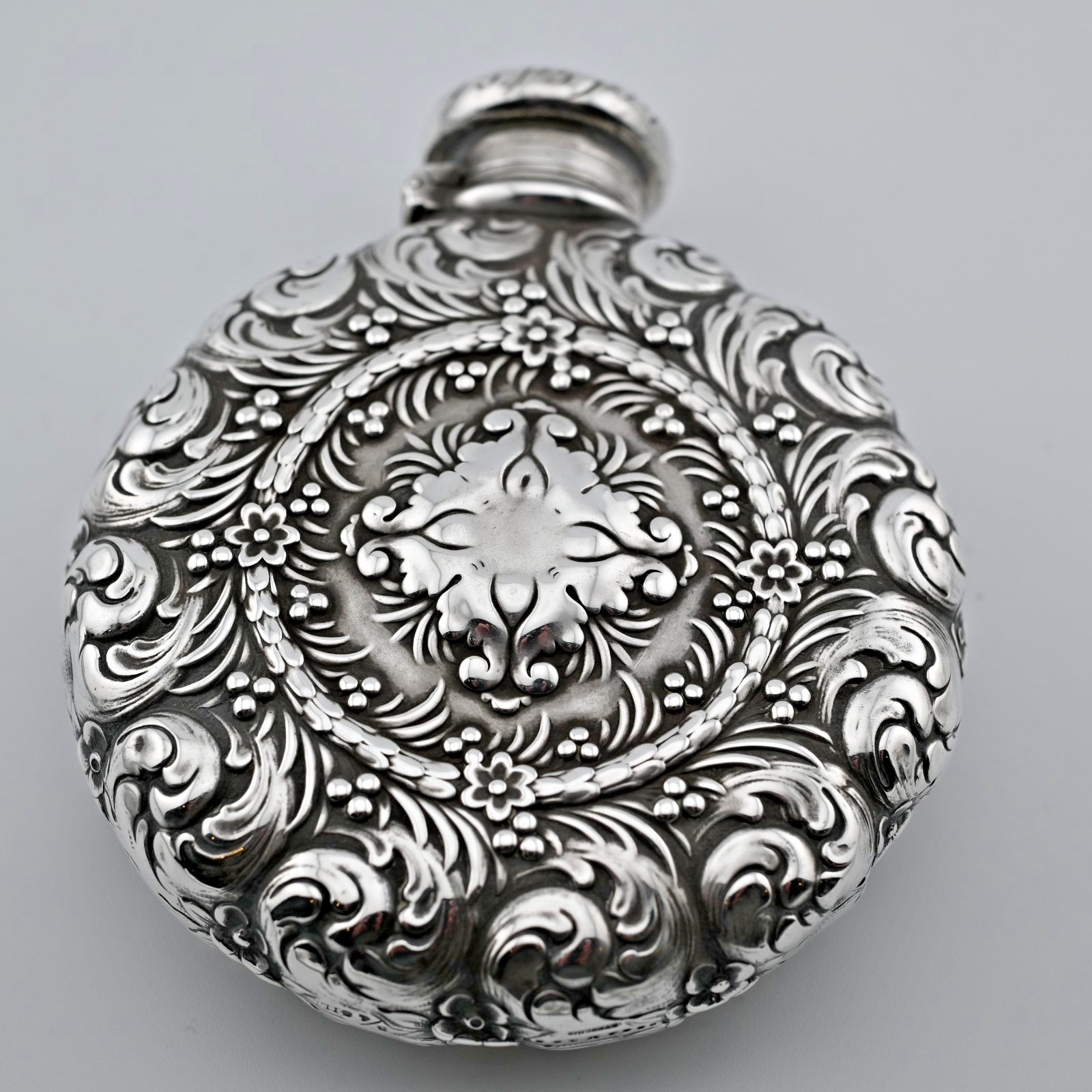 RARE Sterling Silver Tiffany & Co. Flask Aesthetic ornate scroll c1890 ~3/4 Gill