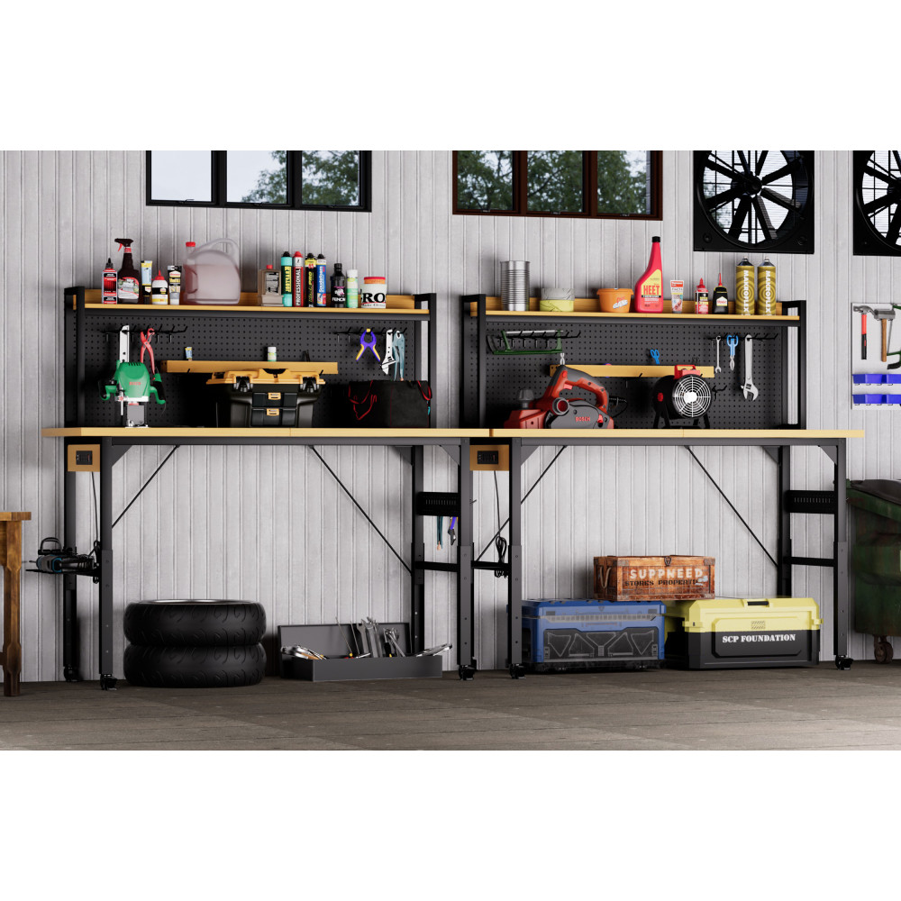 71'' Adjustable Workbench w/ Pegboard, Wheels & Power Outlets