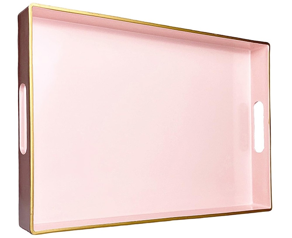 Pink Rectangular Serving Tray, 15.6x10.2x1.37 inch, Decorative Plastic, Handles