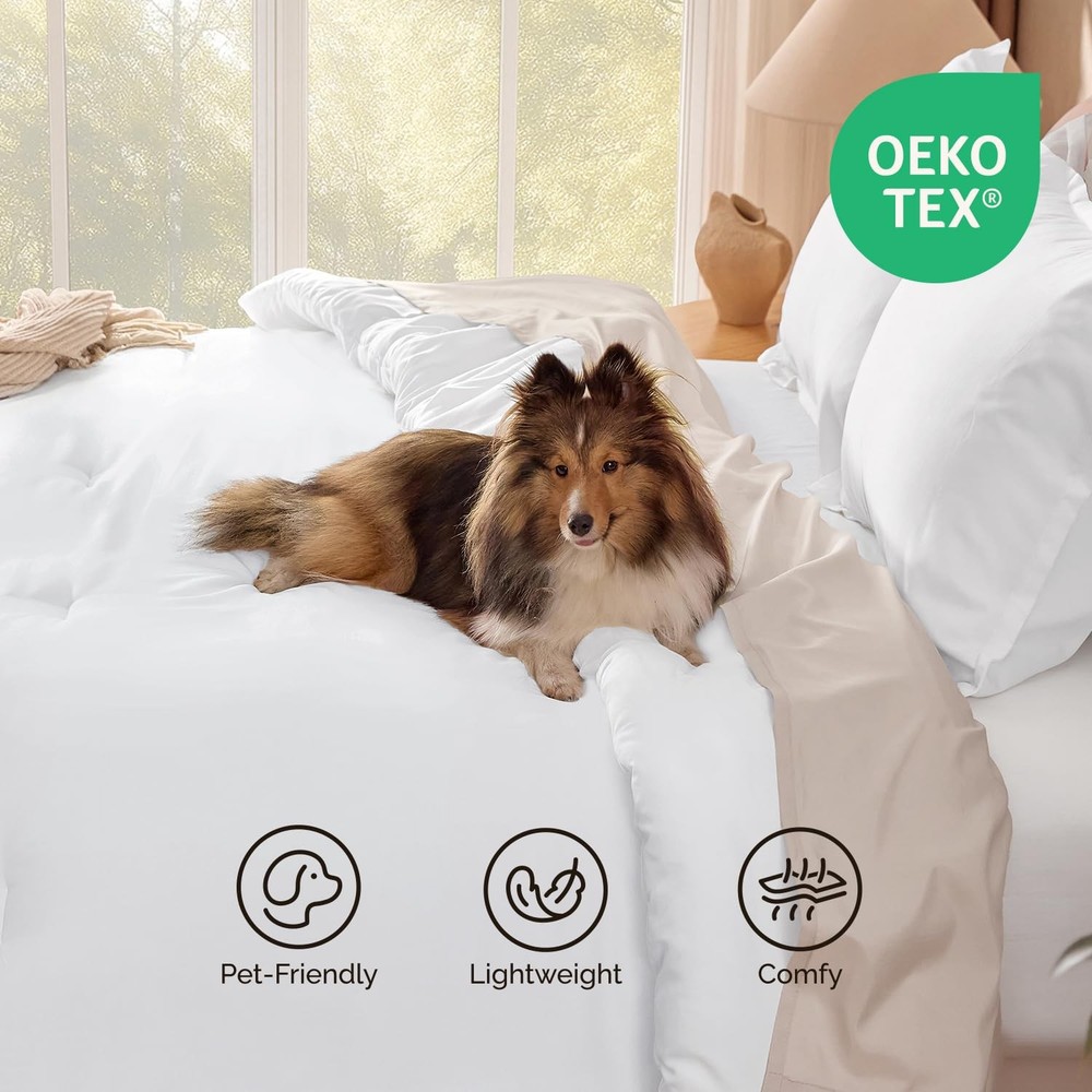 White Queen Size Comforter Set, 3 Pieces Boho Solid Bedding Comforters & Sets, M