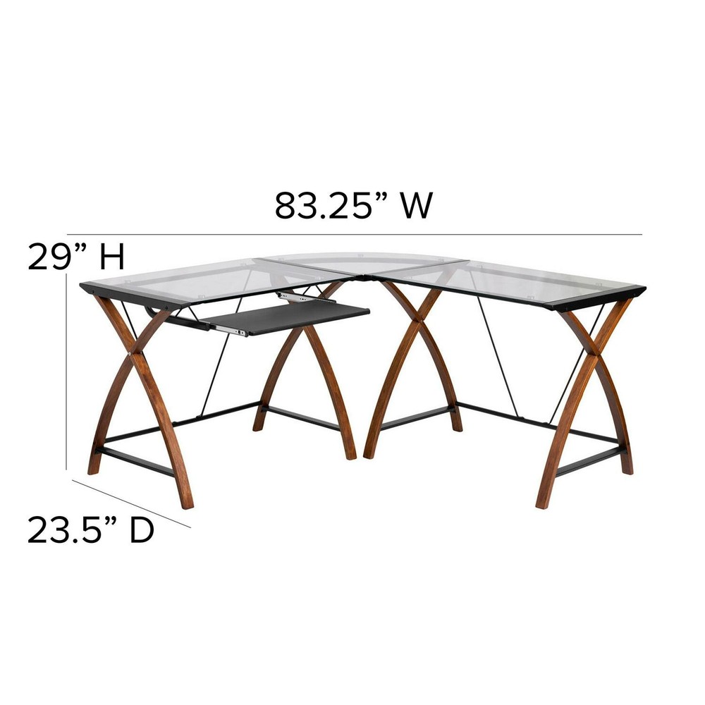 Glass L-Shape Corner Computer Desk With Pull-Out Keyboard Tray