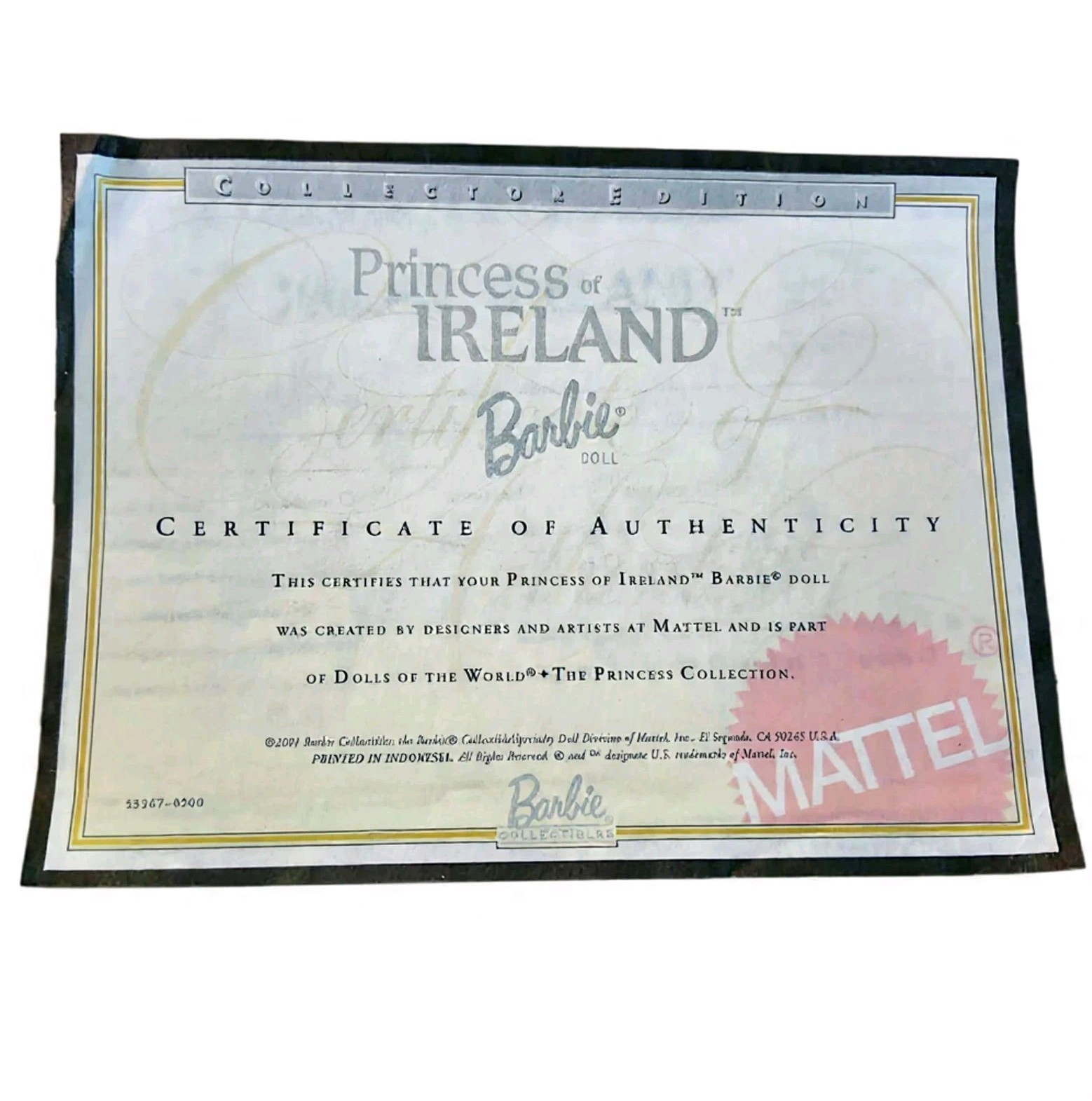 COA Certificate of Authenticity Barbie Fashion Doll Princess of Ireland DOTW