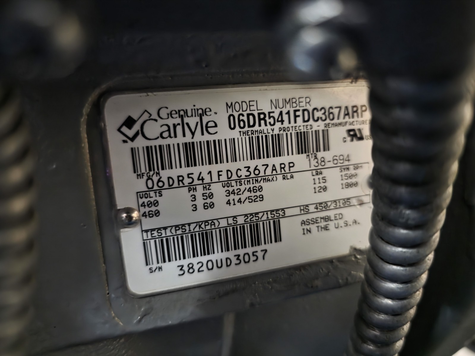 Tyler/Carrier 65 HP Refrigeration Compressor Rack Med Temp Cooler R404A R448/449