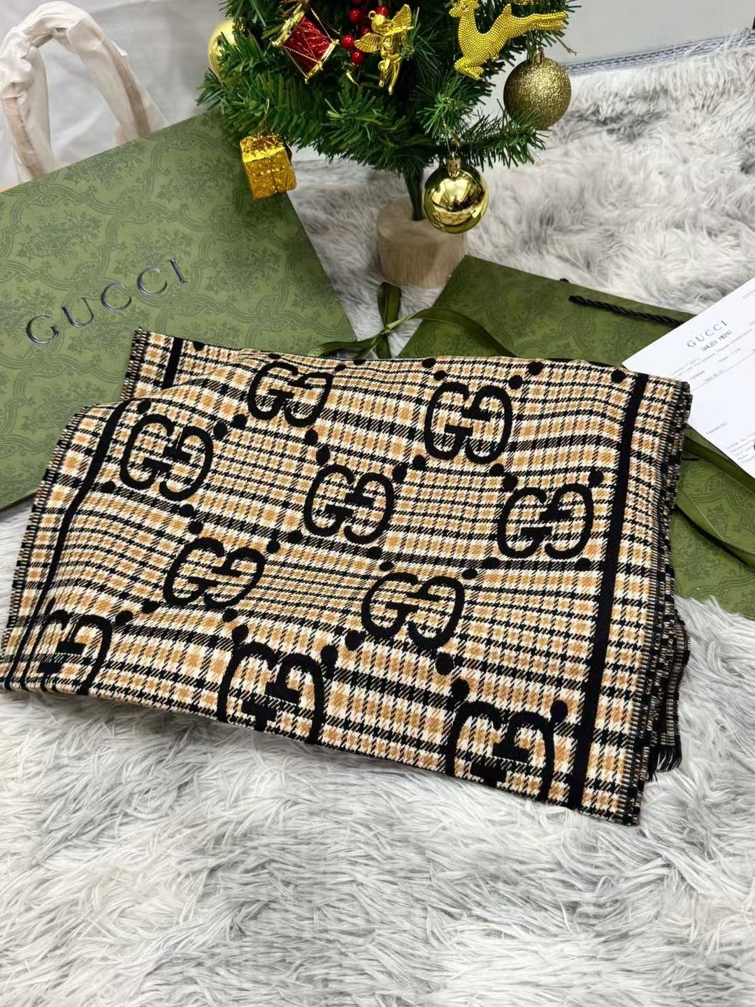 SCARF GUCCI SCARF SHAWL AUTHENTIC 100% CASHMERE BLACK BEIGE CLASSIC LOGO