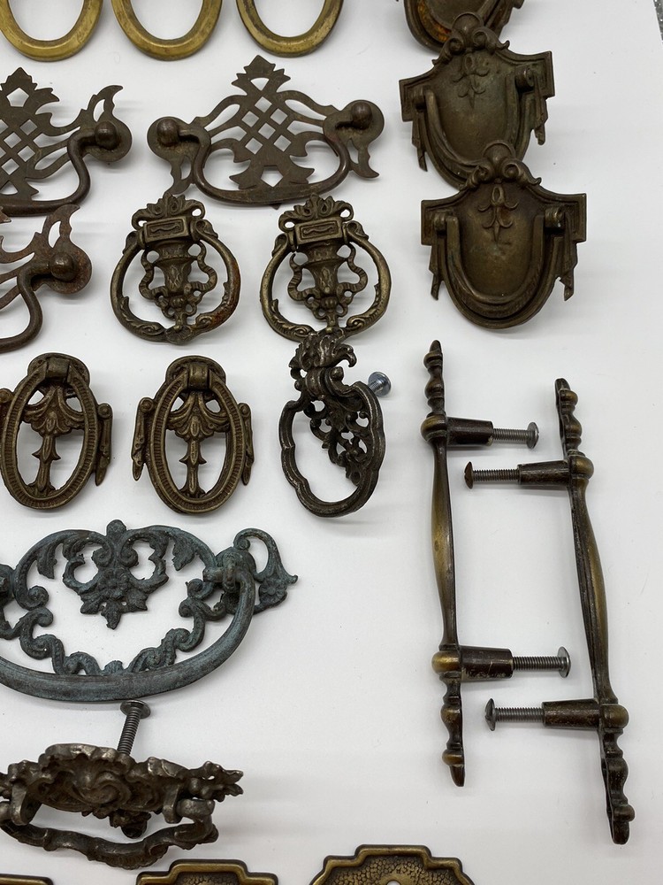Vintage Lot of over 50 Assorted Brass Drawer Handles Pulls Knobs Plates Misc