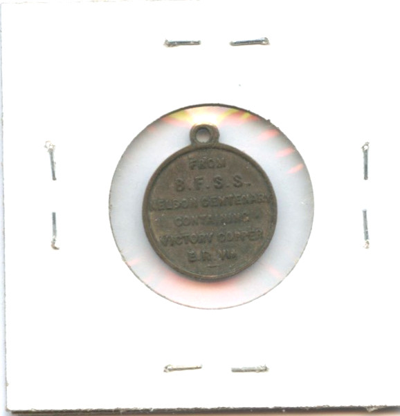 Medallion B.F.S.S. Nelson Trafalgar Centenary H.M.S. Victory Copper Medal 1905