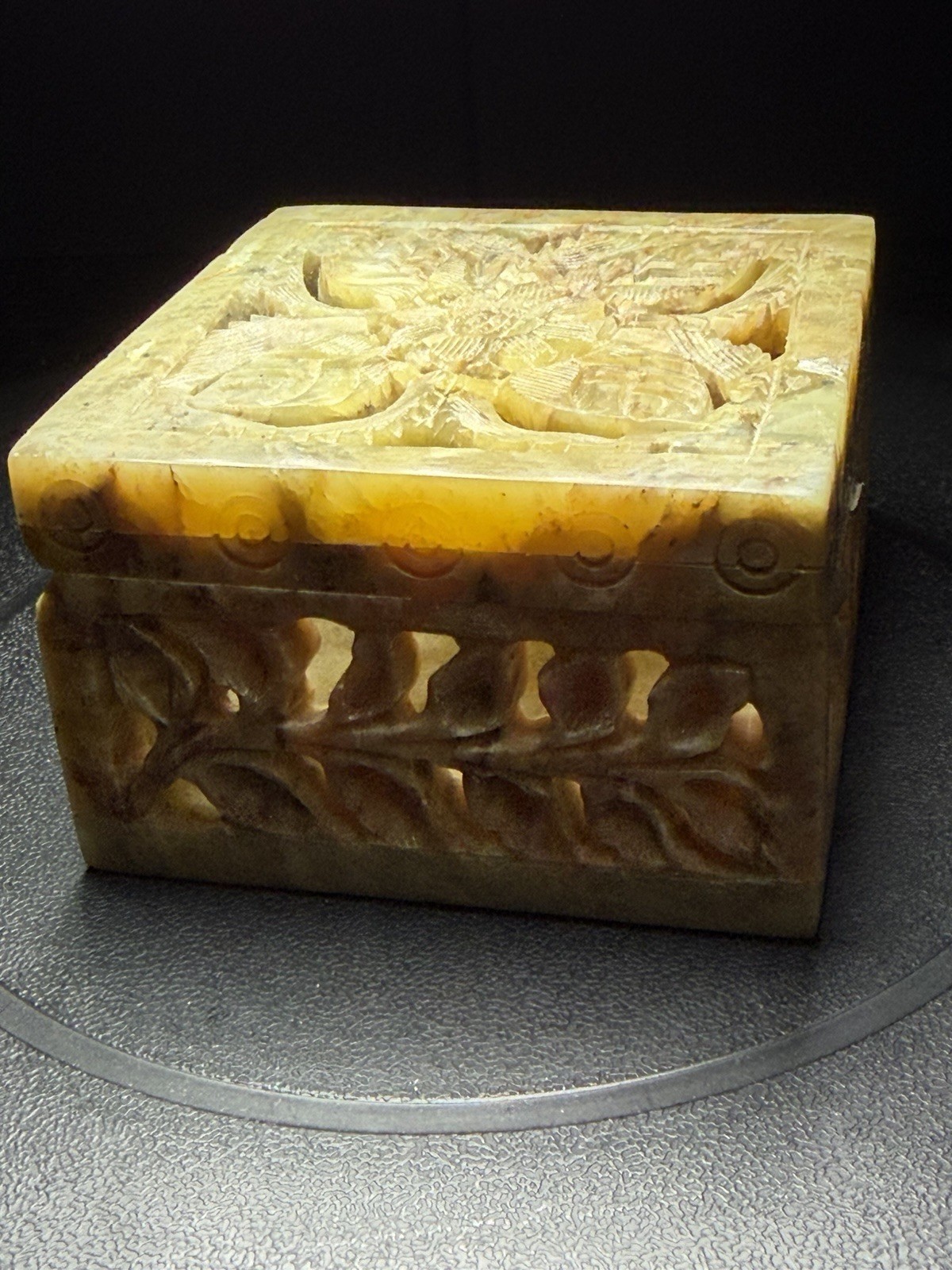 Vintage Intricate Hand Carved Soapstone Trinket/Marble Jewelry Box - 3”x 3”