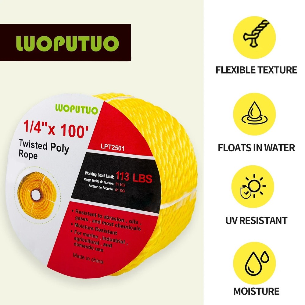 1/4'' 100' Yellow Poly Twisted Rope