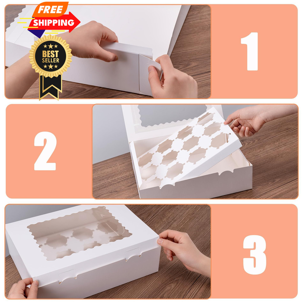 LingengDa 12 Count Cupcake Boxes, 4PCS Container with Window, White