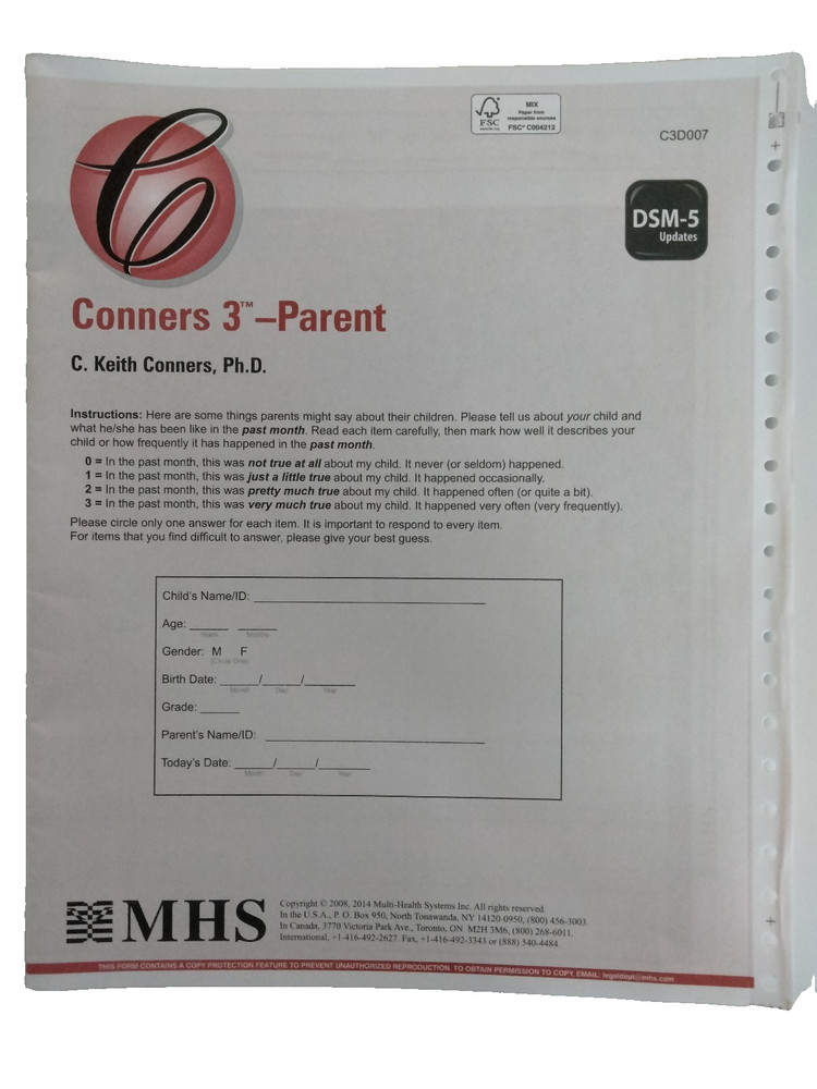Conners 3 Parent Handscore Forms Protocols  C3D007, DSM-5 Update, New