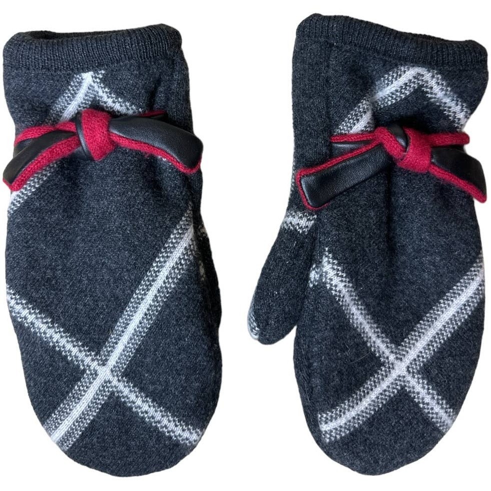 Grey Wool Lined Mittens With Tie