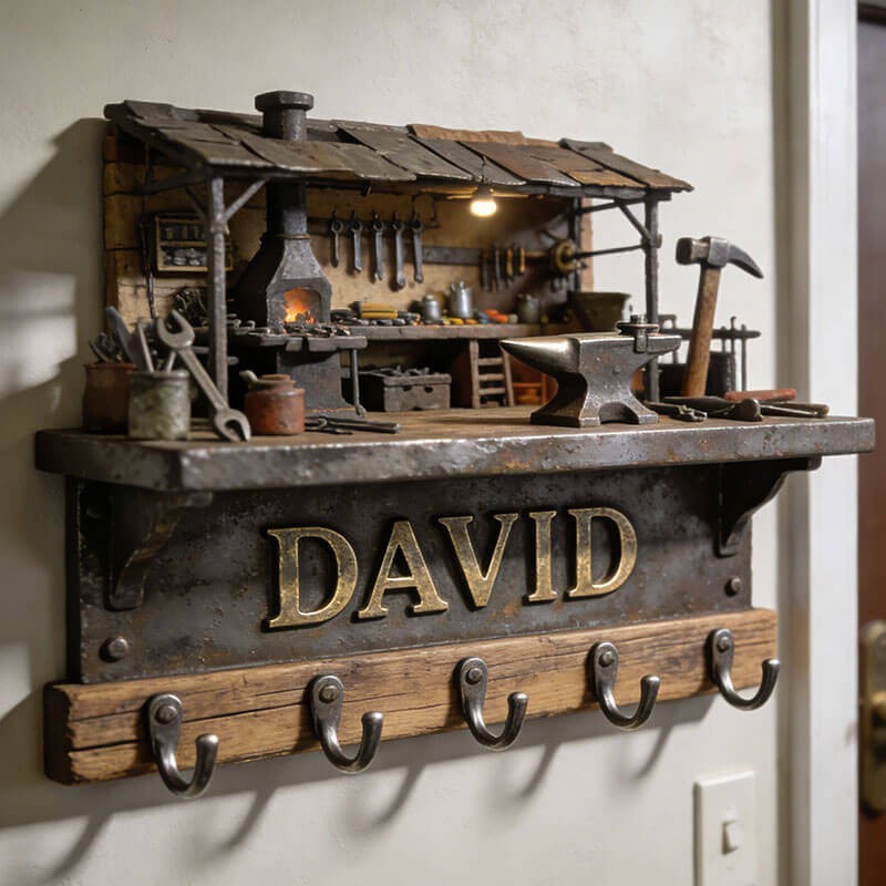 Custom Name Wood Key Holder Wall Hook Blacksmith Workshop Decor 2D Flat