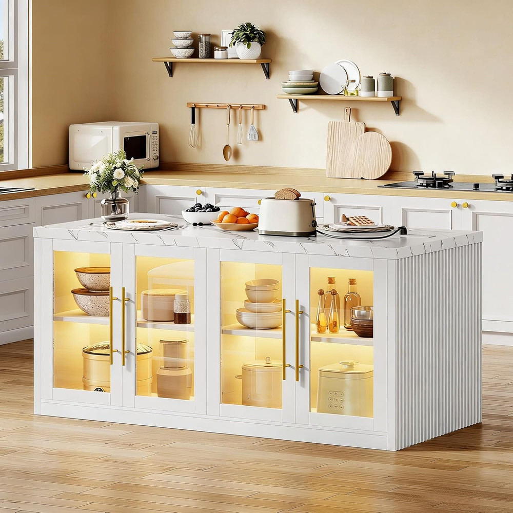 Large Kitchen Island with Storage & LED Light, Rolling Breakfast Bar Table