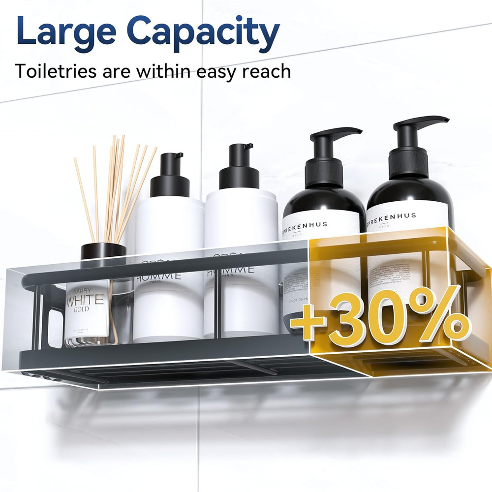 Rustproof Shower Caddy with Adhesive, Large Capacity Storage and Hooks, Black