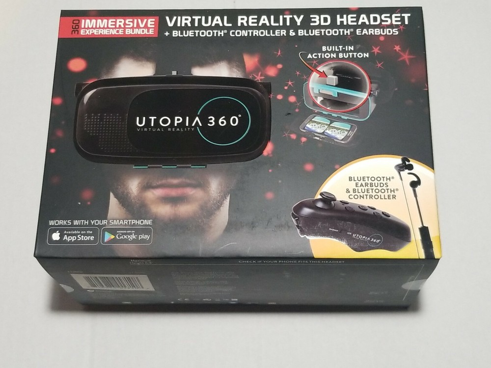 Utopia ReTrak 360 Degree 3D VR Headset Bundle Bluetooth Earbuds & Controller NIB