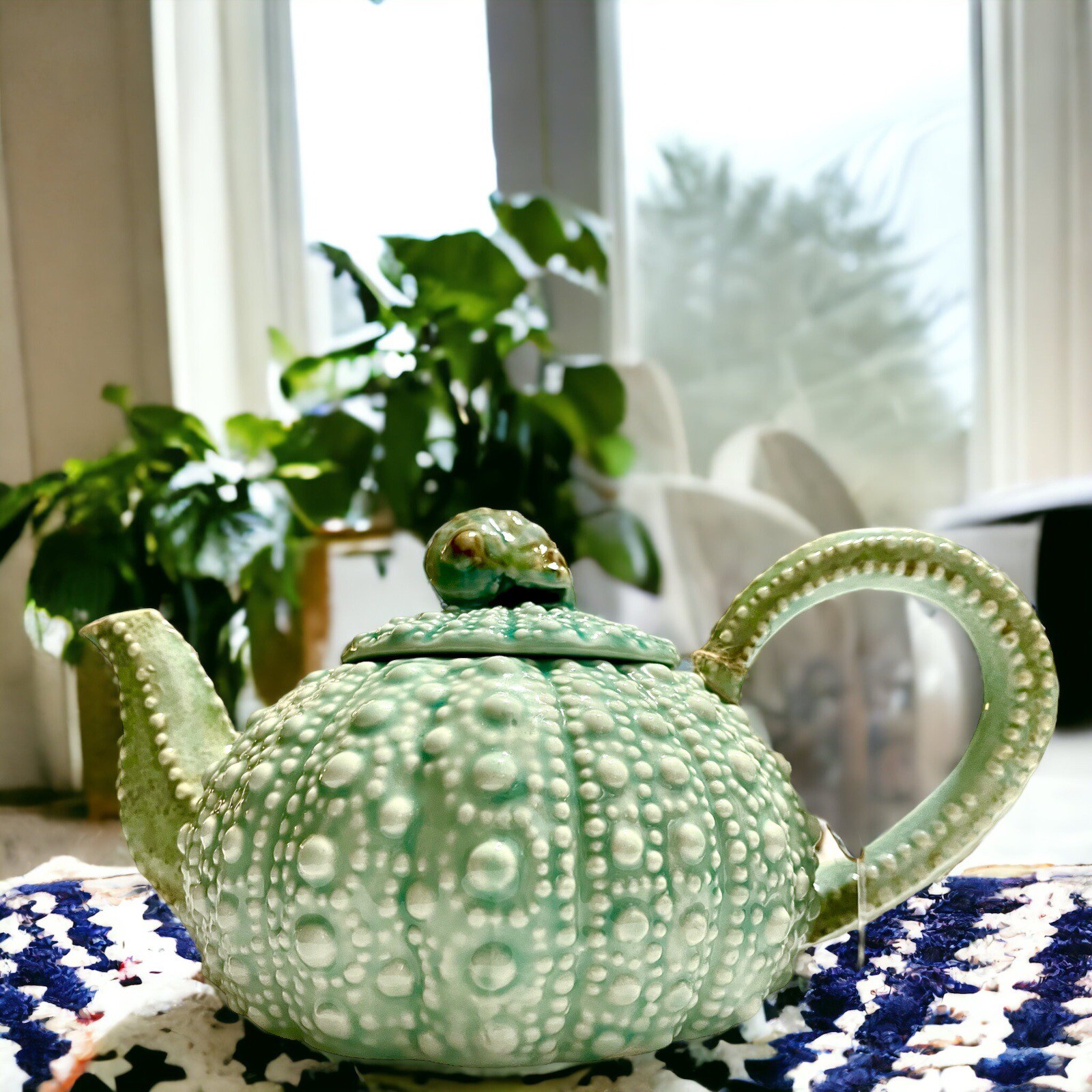 Sea Urchin Blue Sky Ceramic, Turquoise Teapot, 10.5" x 6" x 5" NEW Beach Chic