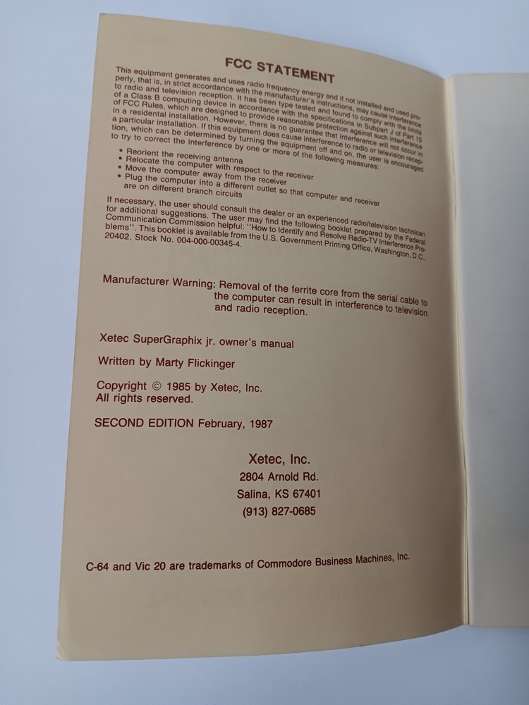 Xetec Commodore Super Graphix Jr 2nd Ed Printer Interface Instruction Manual
