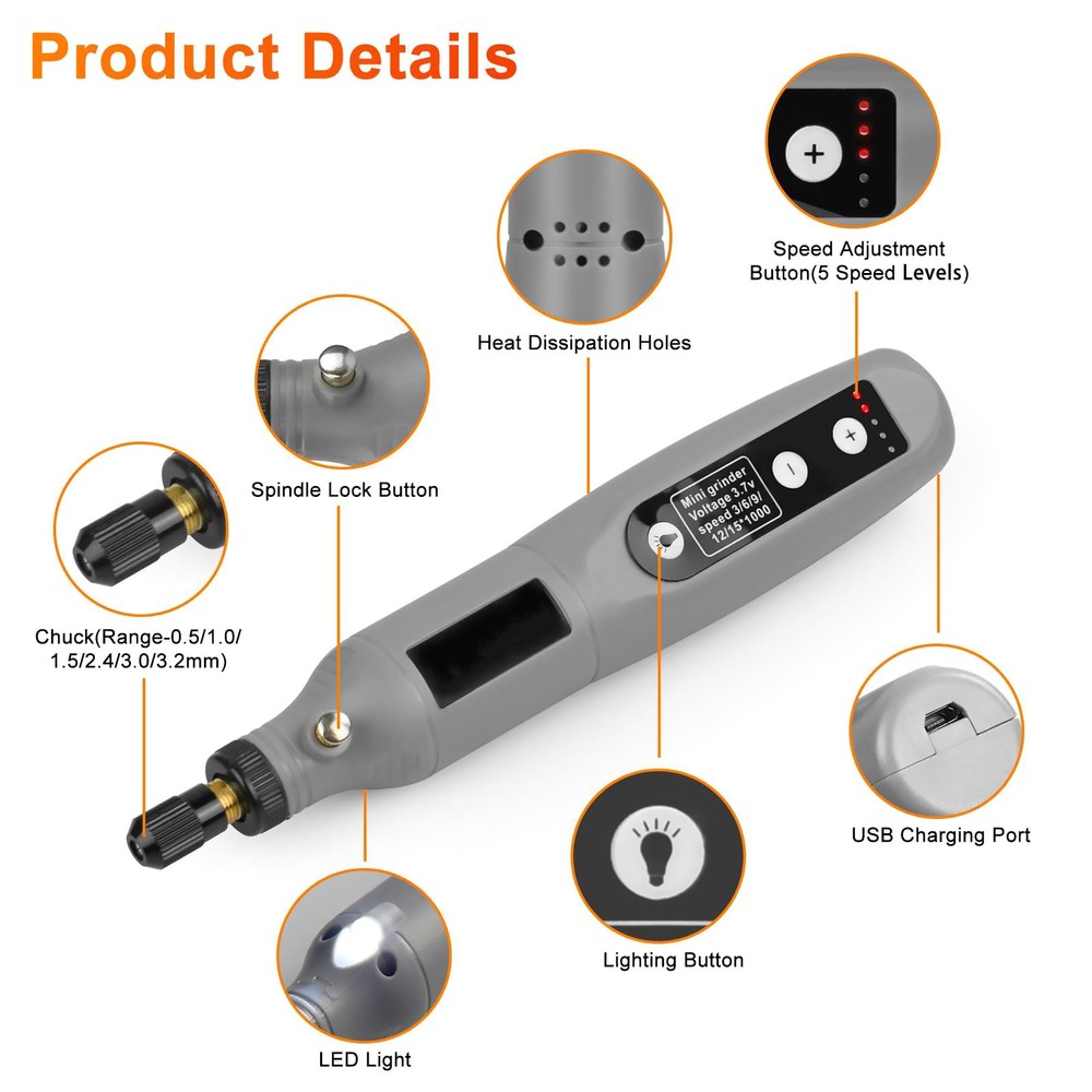 USB Cordless Electric 5-Speed Adjustable Mini Drill Grinder With LED Light