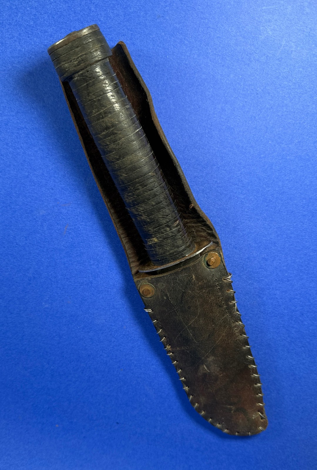 VTG WW2 ERA PERSONAL 12" FIGHTING KNIFE SANSSOUCI DR FRANCE W/ LEATHER SHEATH