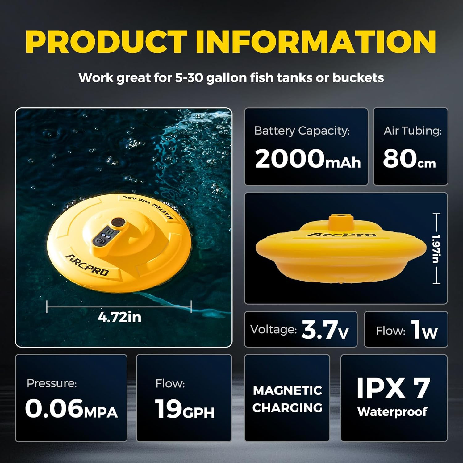 Floating & Rechargeable Bait Bucket Aerator, IPX7 Waterproof with Magnetic Charg