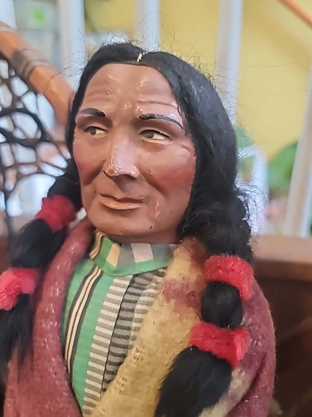 Antique Skookum Doll Early Paint Face Wool Straw Stuffed Mohair Wood Legs 15 1/2