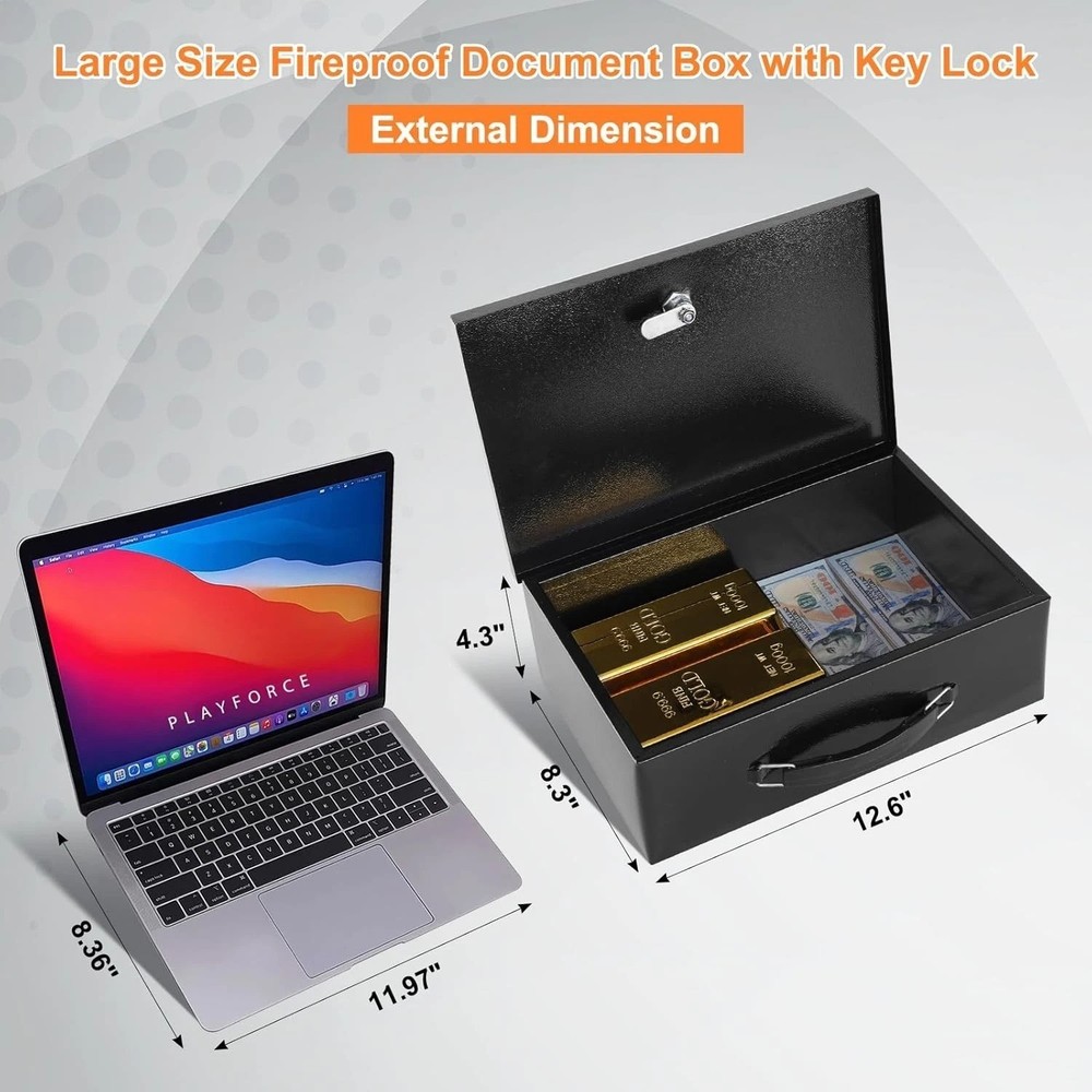 Fireproof Document Box with Key Lock, Small Lock Boxes for Personal Items, Fi...