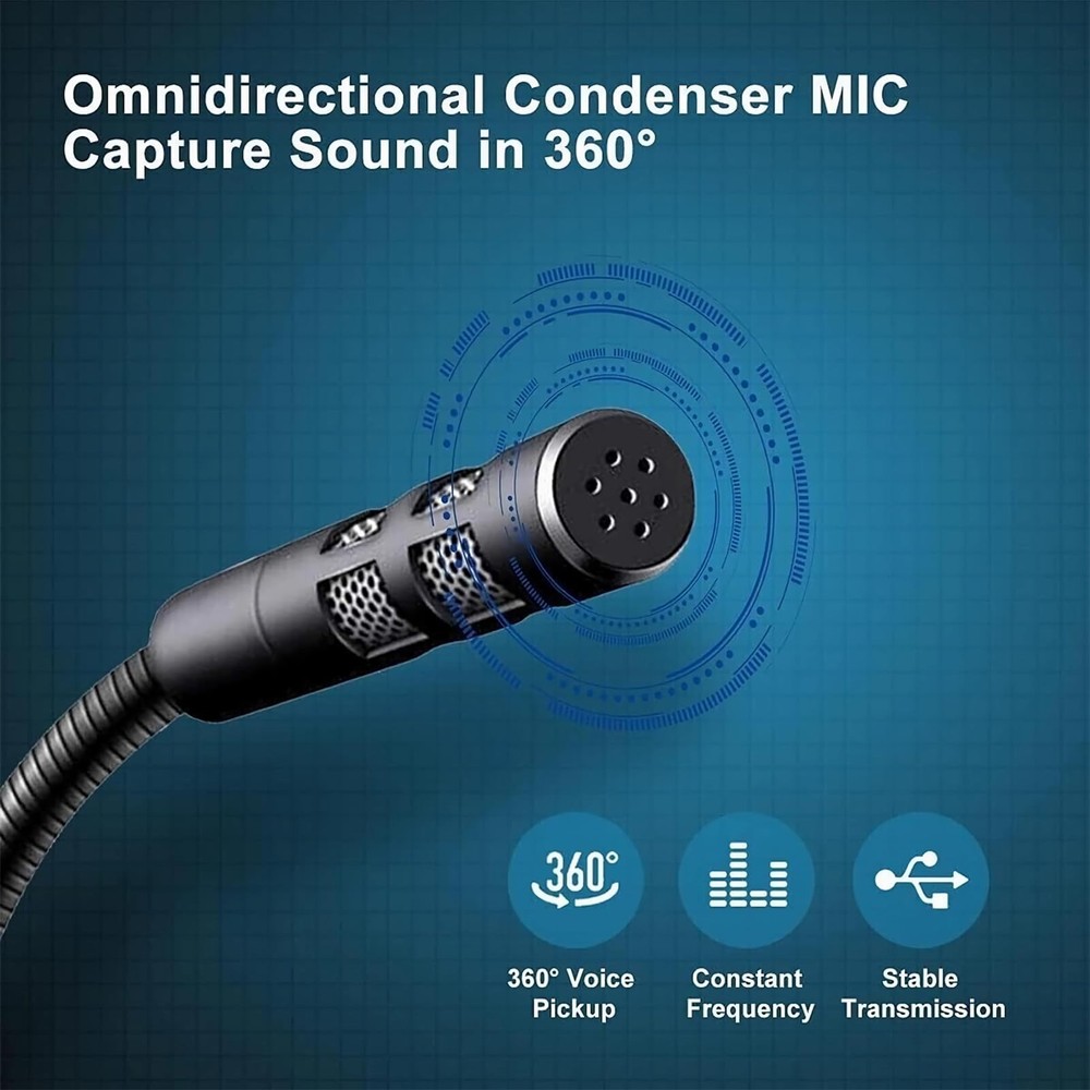 USB Computer Microphone, 1.5M USB Cable, Mute Button, Black | 360° Flexible
