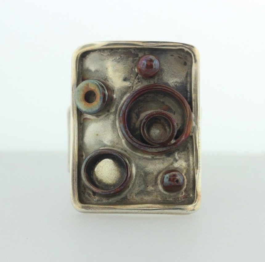 Handcrafted Sterling Silver 925 Square with Copper Circles Ring - Adjustable
