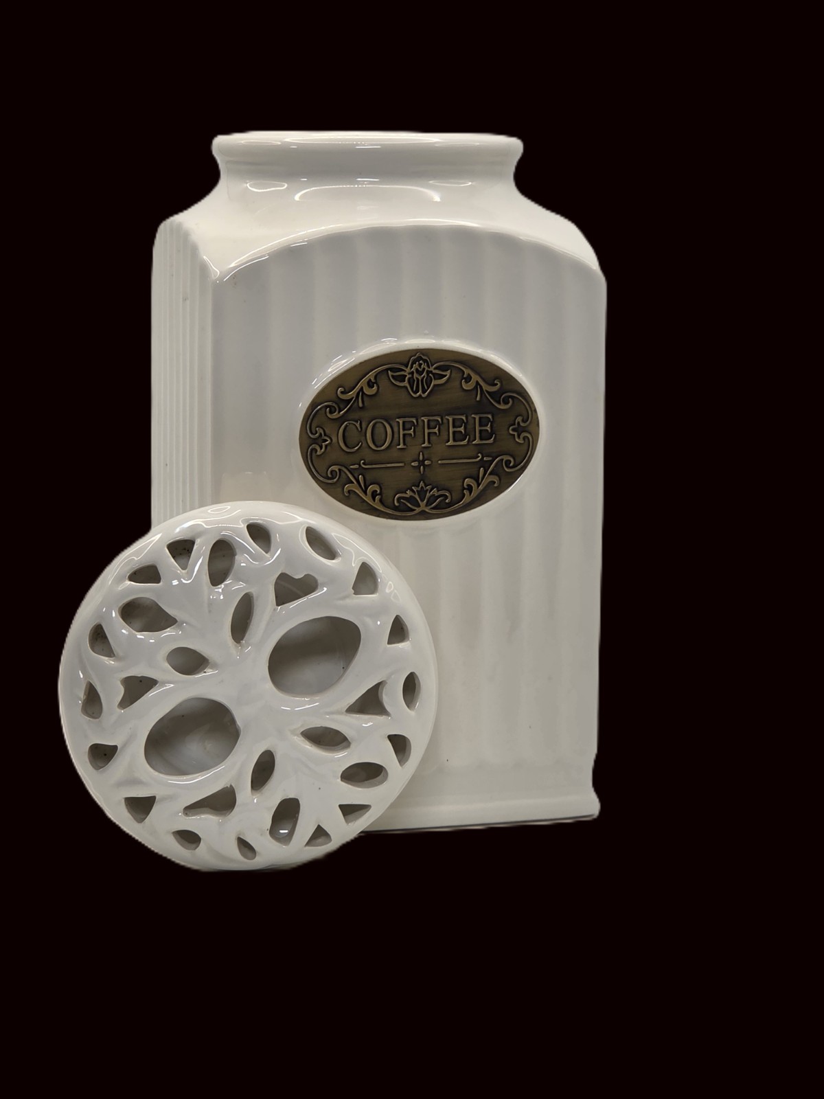 THL White Ceramic 'French Country Ripple Lattice Lid' Canister for “Coffee”