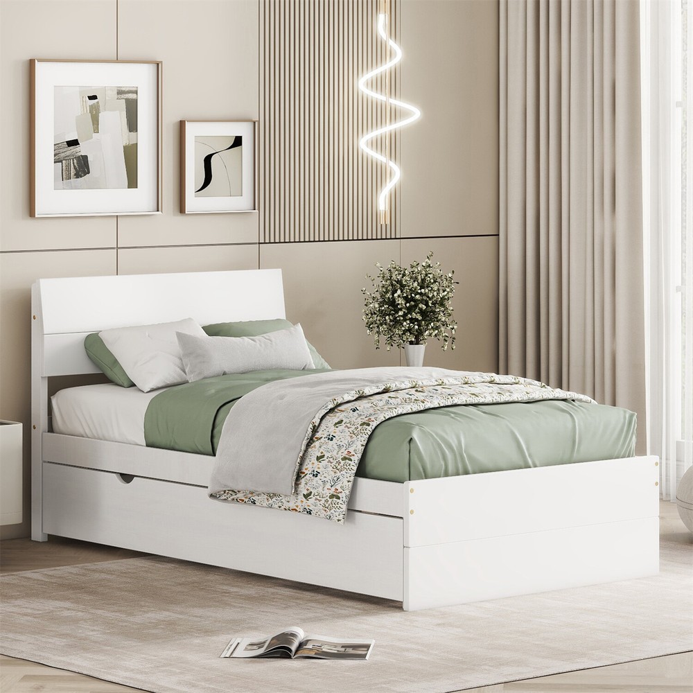 Twin Size Bed Frame Wood Platform Bed Frame with Headboard & Pull Out Trundle