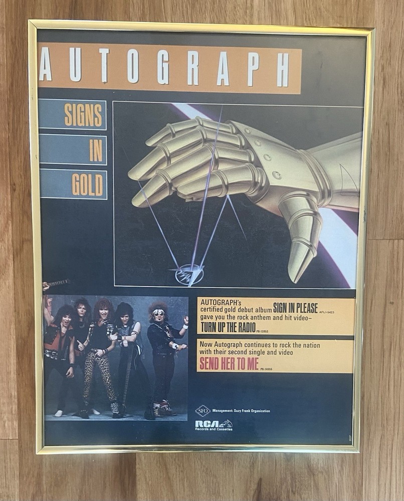 Autograph Sign In Please 80s hair metal framed Gold Turn Up The Radio Promo Band