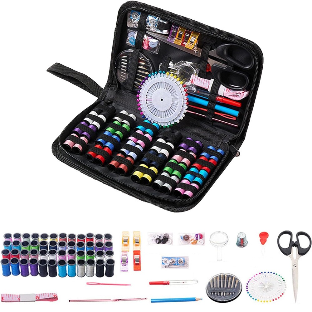 Complete Sewing Kits+Embroidery Stitch Guide Book Needles Scissors Buttons Pins