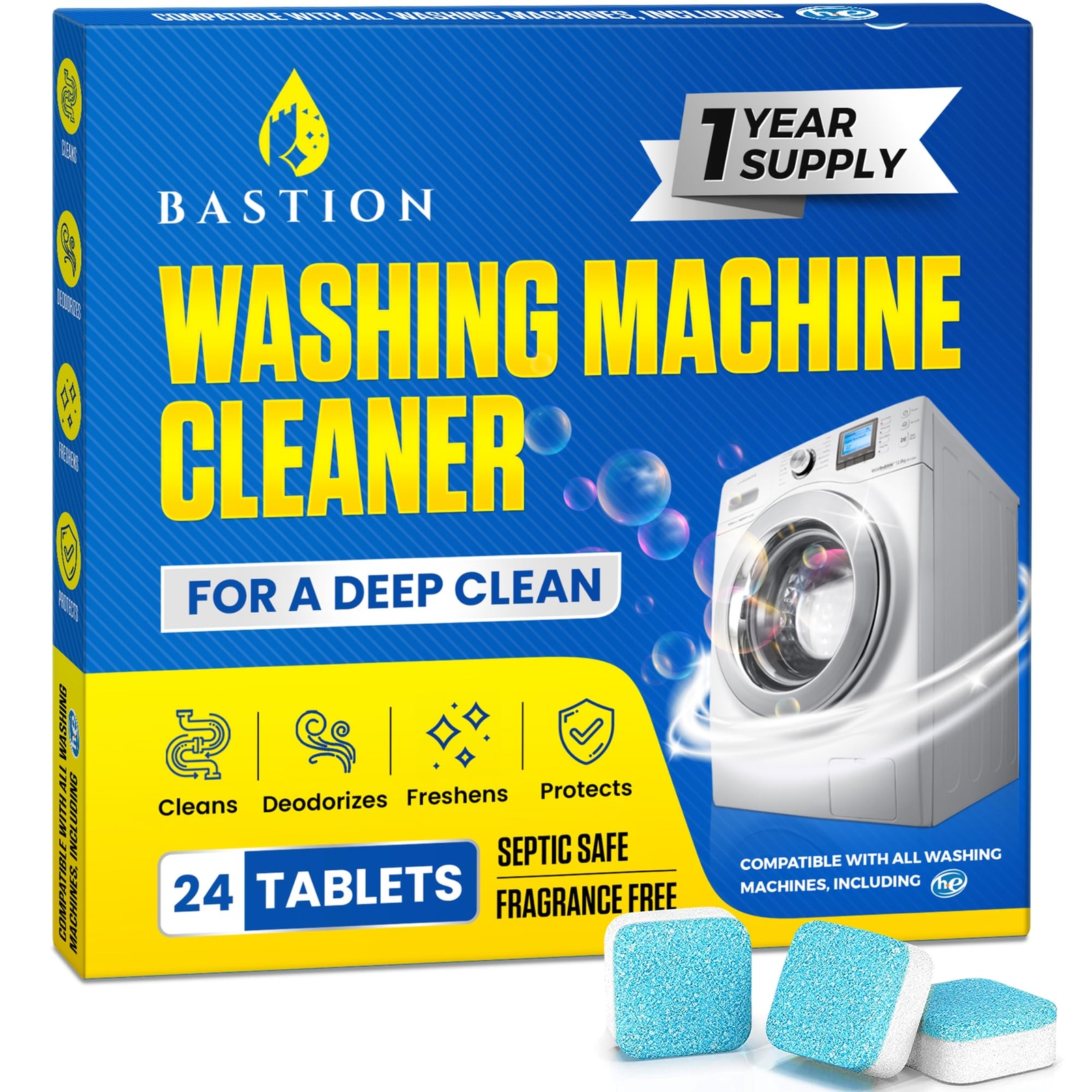 Bastion Washing Machine Cleaner, Deodorizer, & Descaler - 24 pack