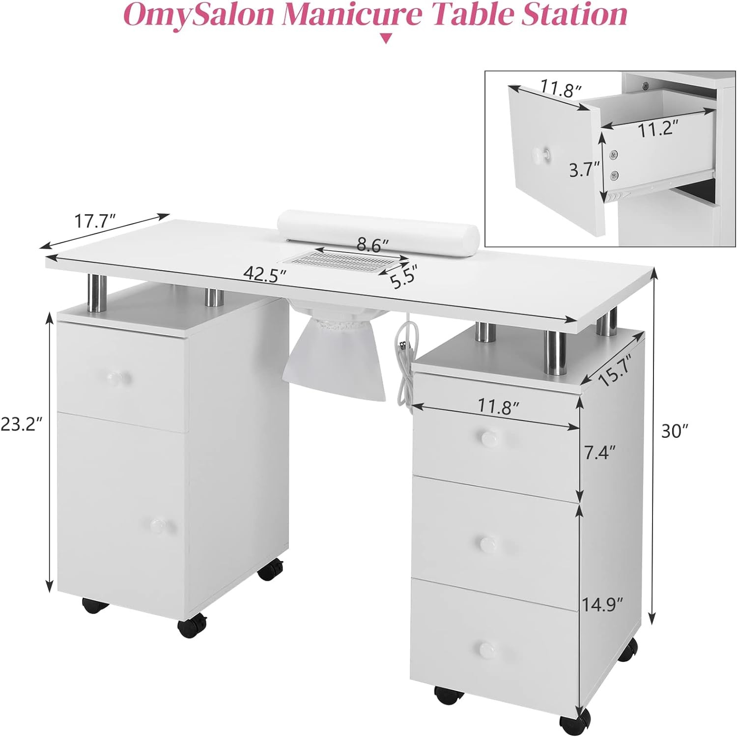 Manicure Table Nail Desk Nail Table Station w/Electric Dust Collector +4 Drawers