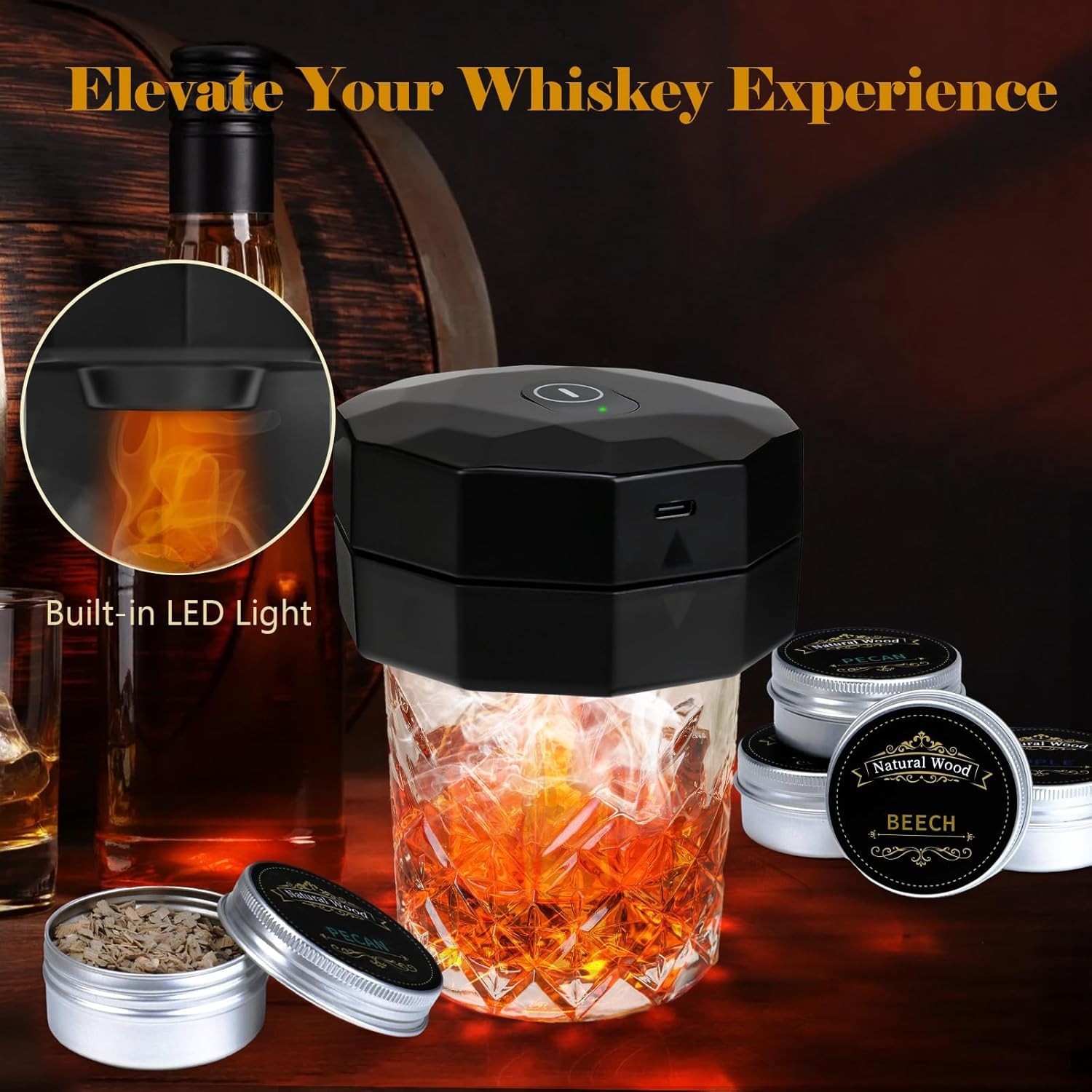 Electric Whiskey Smoker Kit with 6 Flavors Wood Chips & LED Light,