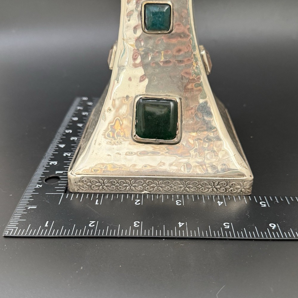 Vintage Hammered Silver Plated Bejeweled Cabochon Decorative 8” Candle Holder