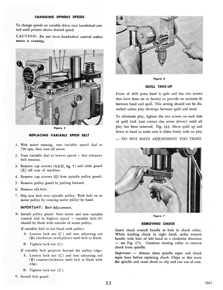 Clausing 15" Drill Press Variable Speed Model Instruction & Parts Manual #1293