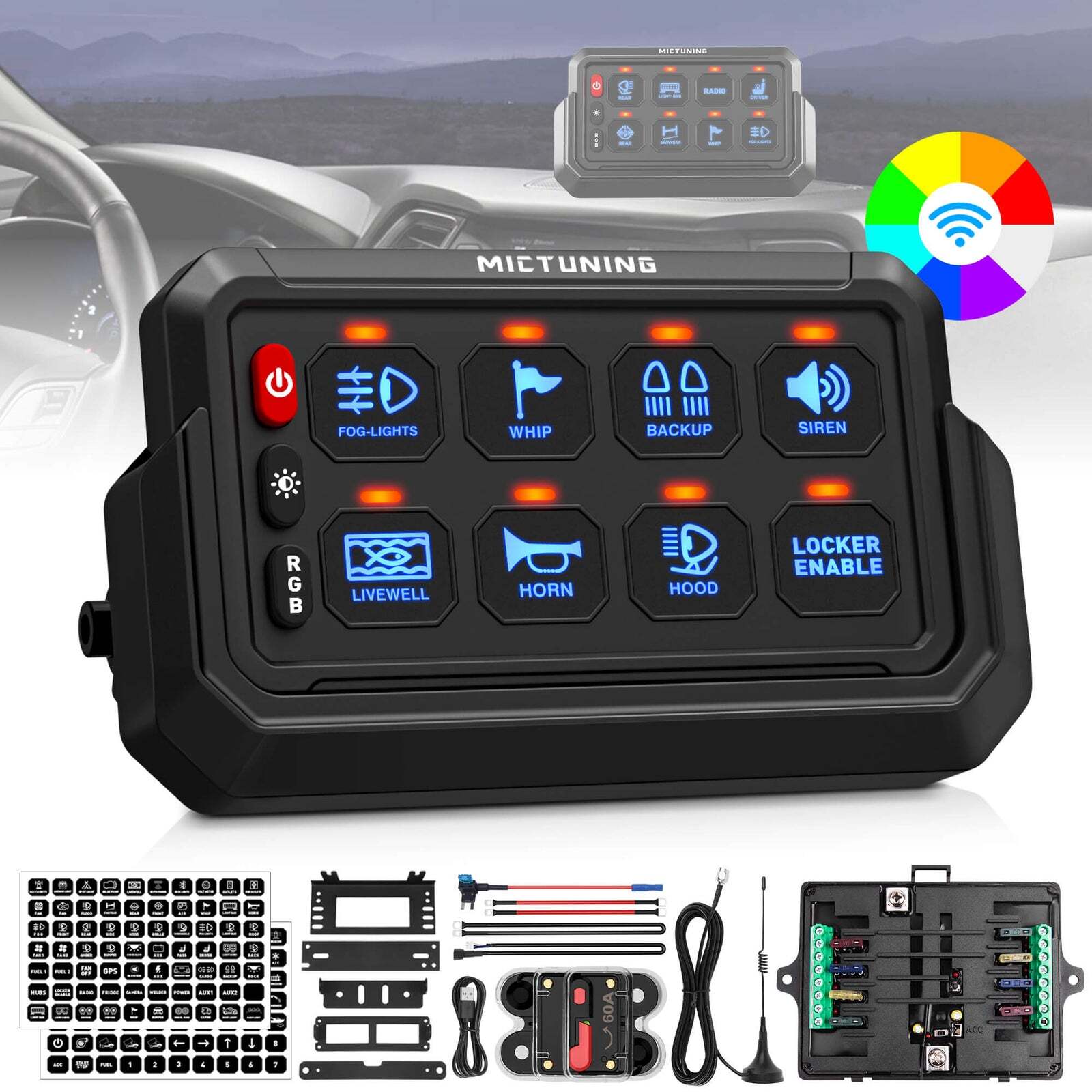 MICTUNING Wireless RGB 8 Gang Switch Panel LED Auxiliary Circuit Control Box Car