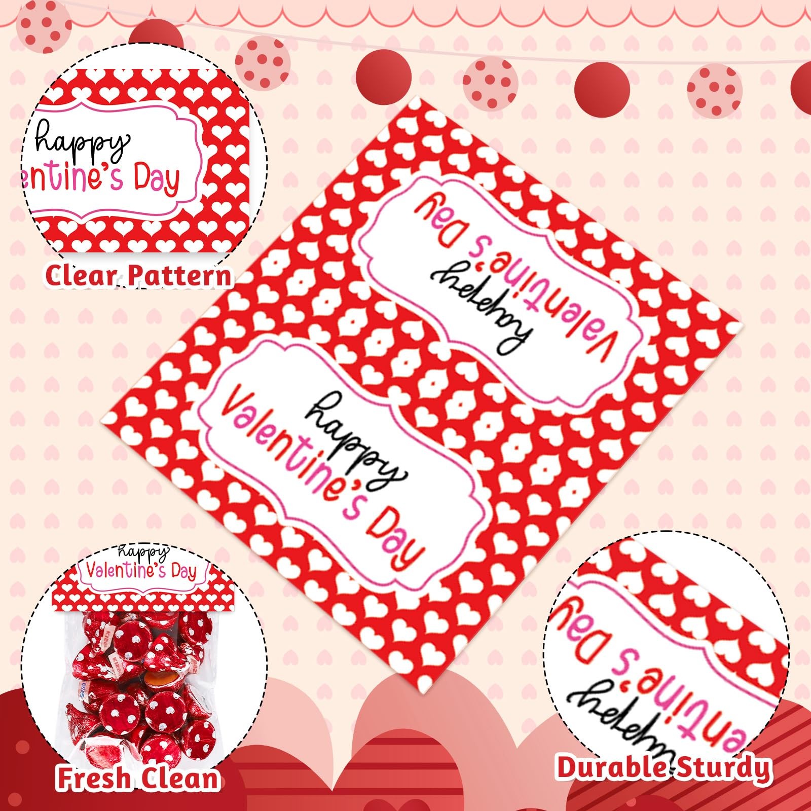 60 Set Valentine's Day Self-Adhesive Goodie Bags Candy Cello Bag with Topper Red