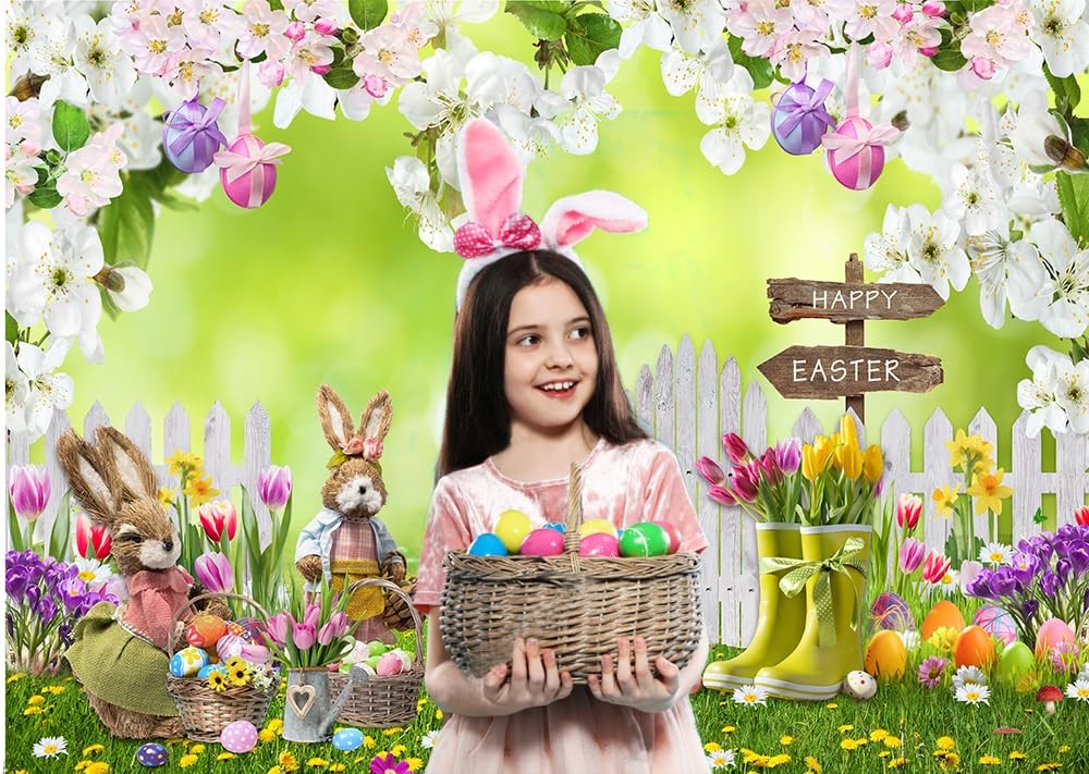 Easter Photo Backdrop Spring Flowers Colored Egg Rabbit Background 7x5 FT