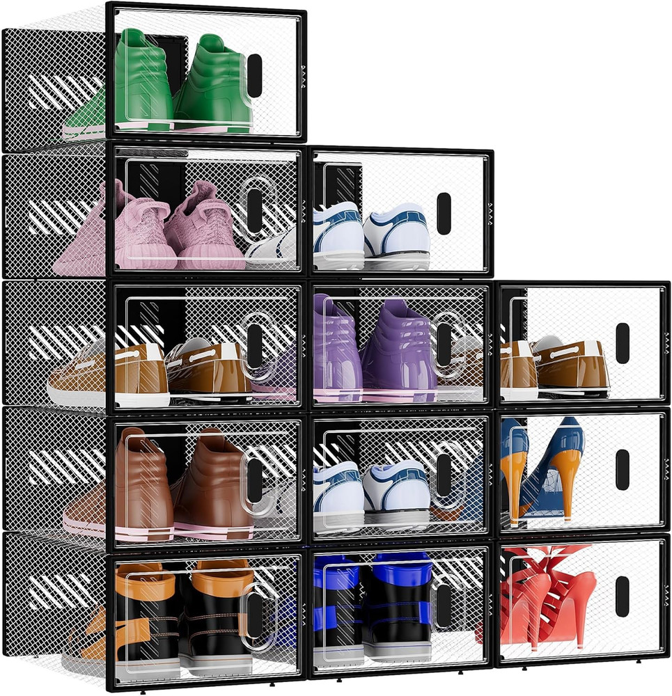 12 Pack Stackable Shoe Storage Boxes Fit Size 9, Thickened Clear Shoe Box Bins w