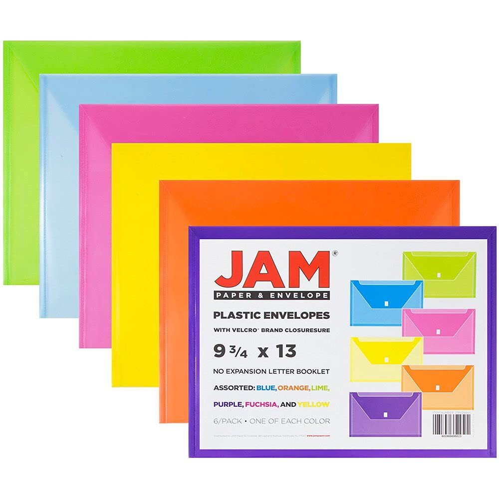 Assorted Colors Plastic Envelopes with Hook & Loop Closure 6-Pack