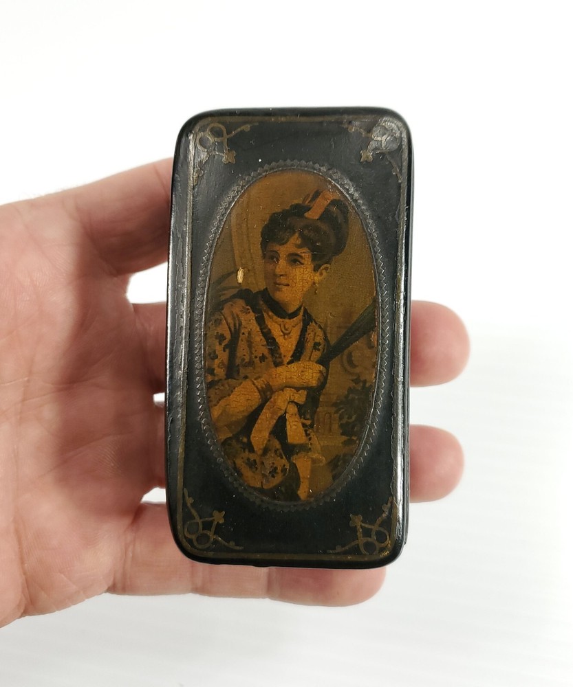 Antique Mache' and Lacquer Snuff Box Rectangular with Decorative Lid